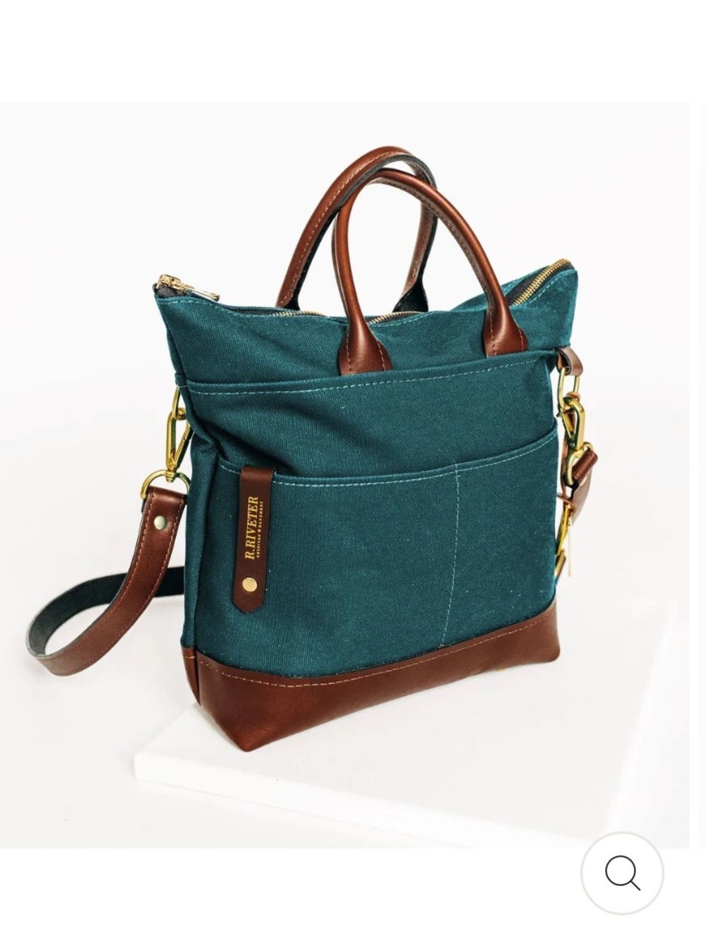 Teal Canvas Crossbody Tote with Brown Leather Trim